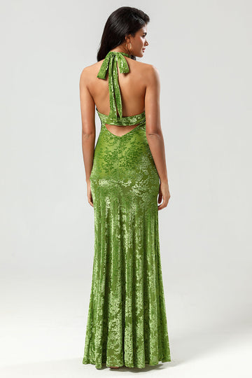 Bodycon Halter Floor-Length Printed Velvet Bridesmaid Dress with Slit